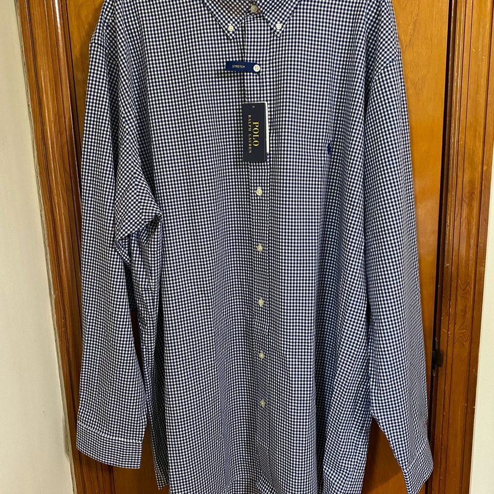 NWT Men’s Polo Ralph Lauren cotton blend blue checkered button down stretch 2XLT